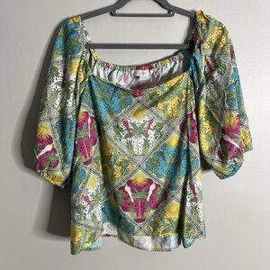 Loft Size XL Tropical Squareneck Puff Sleeve Colorful Blouse